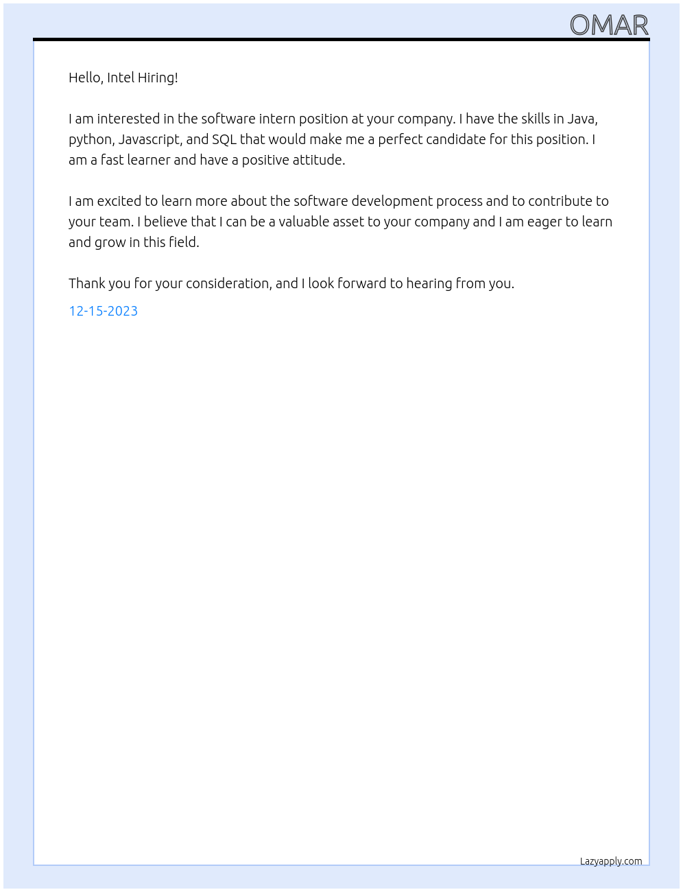 Software Intern At Intel Cover Letter