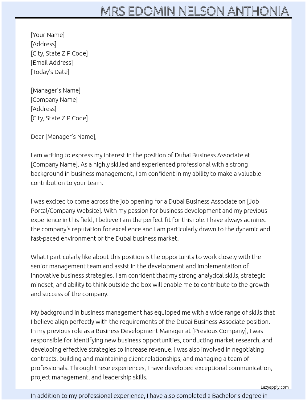 Dubai business associate At Dubai business associate program Cover Letter