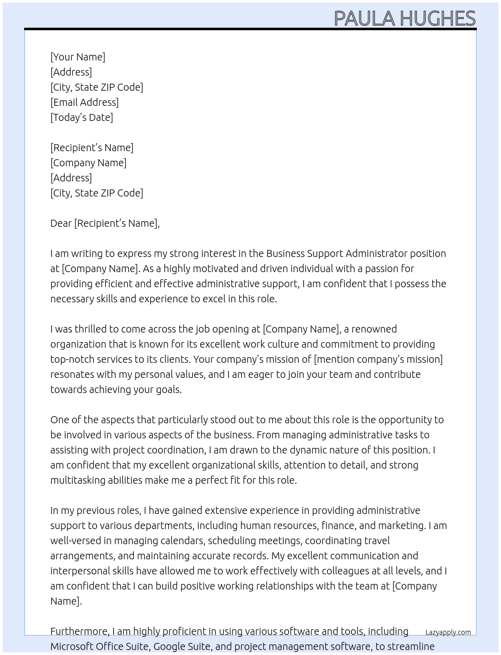 Business support administrator At Ssss Cover Letter