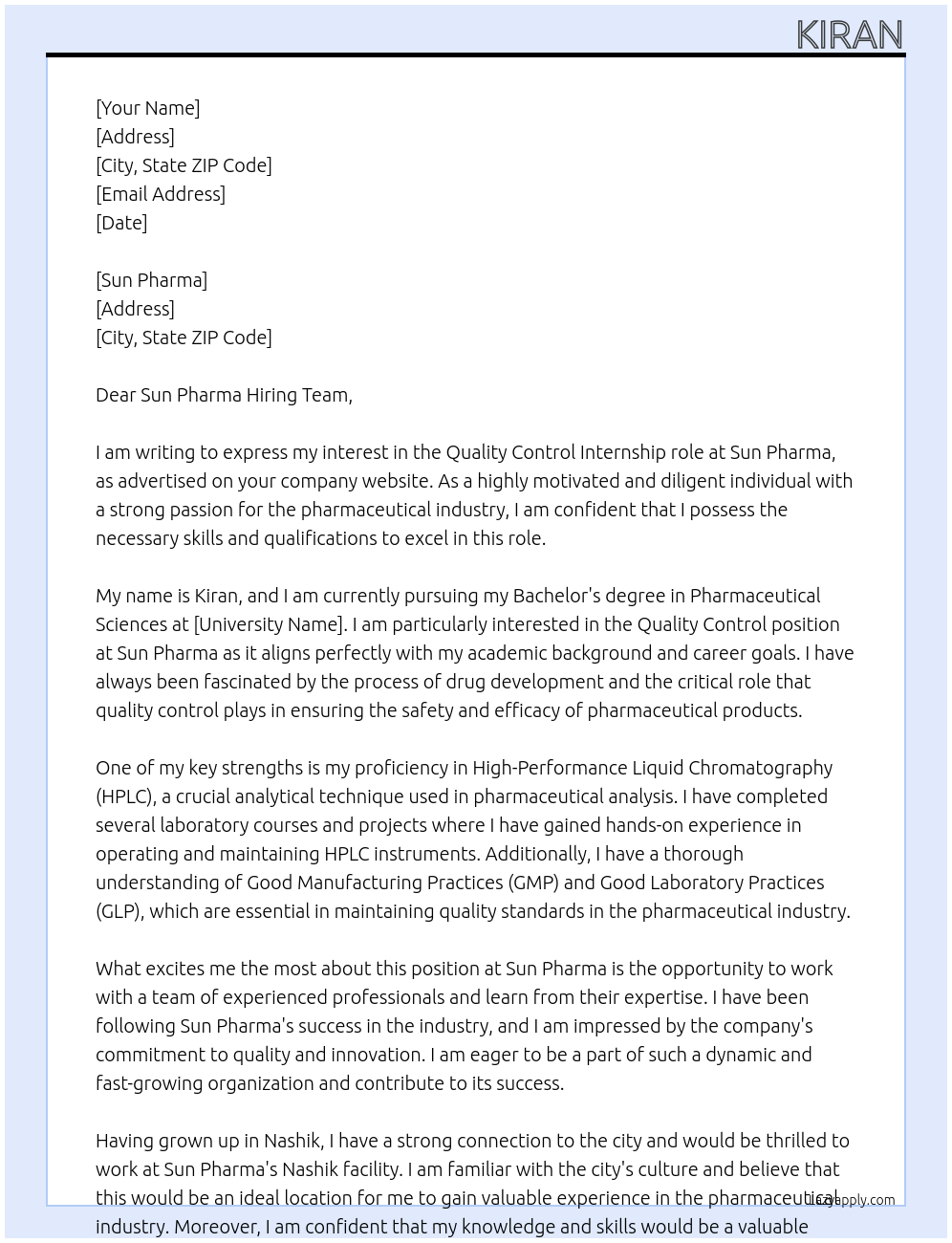 Quality Control At Sun Pharma Cover Letter