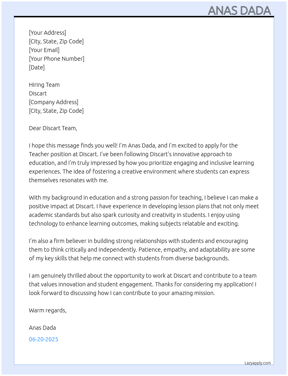Teacher At Discart Cover Letter