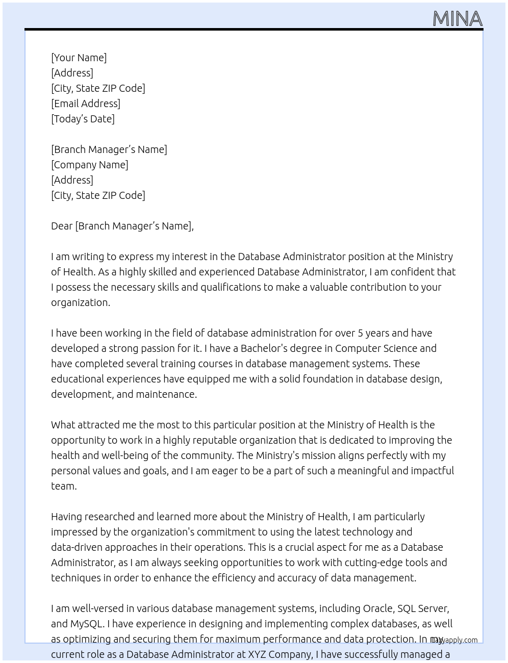 Database Administrator At Ministry of Healh Cover Letter