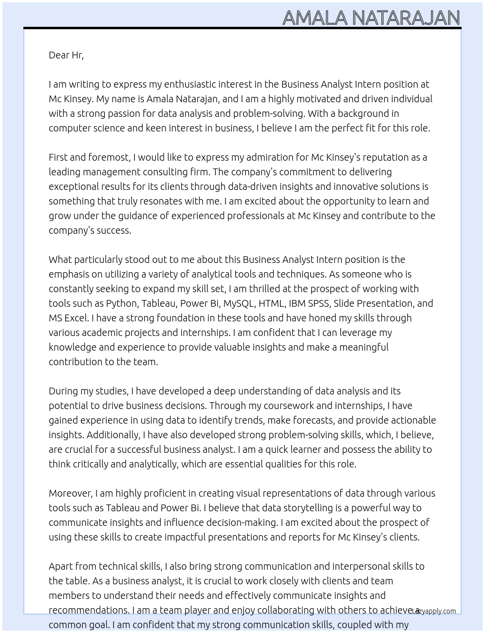 Business Analyst Intern At Mc Kinsey Cover Letter