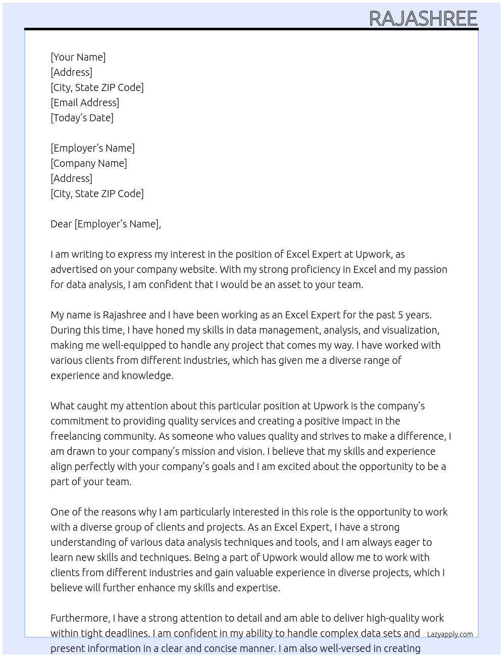 excel expert At Upwork Cover Letter