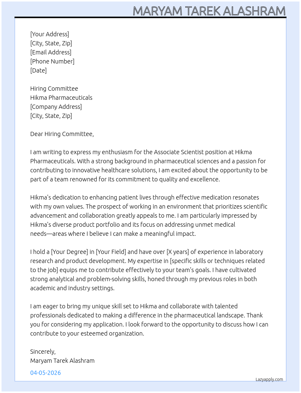 Cover letter for associate scientist - LazyApply