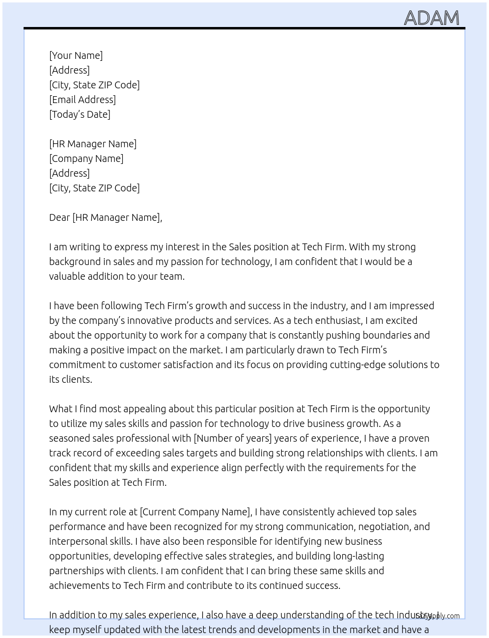 Sales At Tech Firm Cover Letter