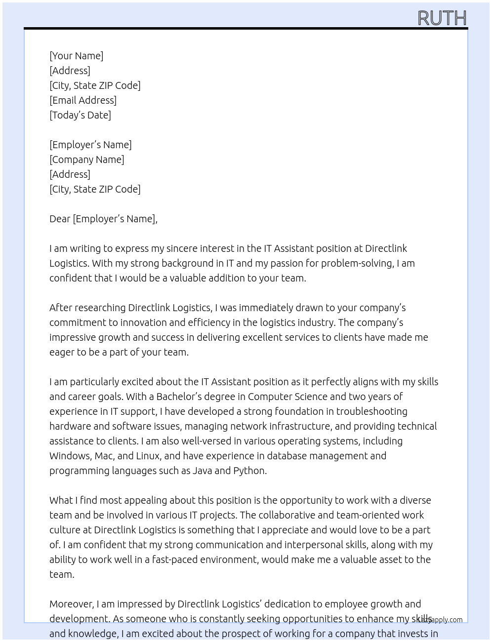 IT assistant At Directlink Logistics Cover Letter