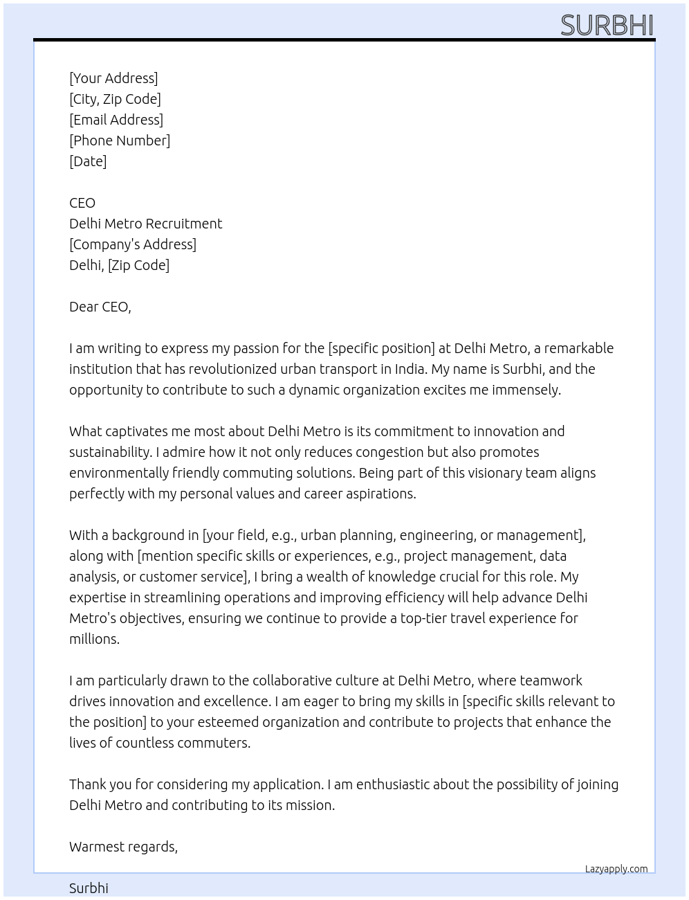 Delhi metro  At Delhi metro recruitment  Cover Letter