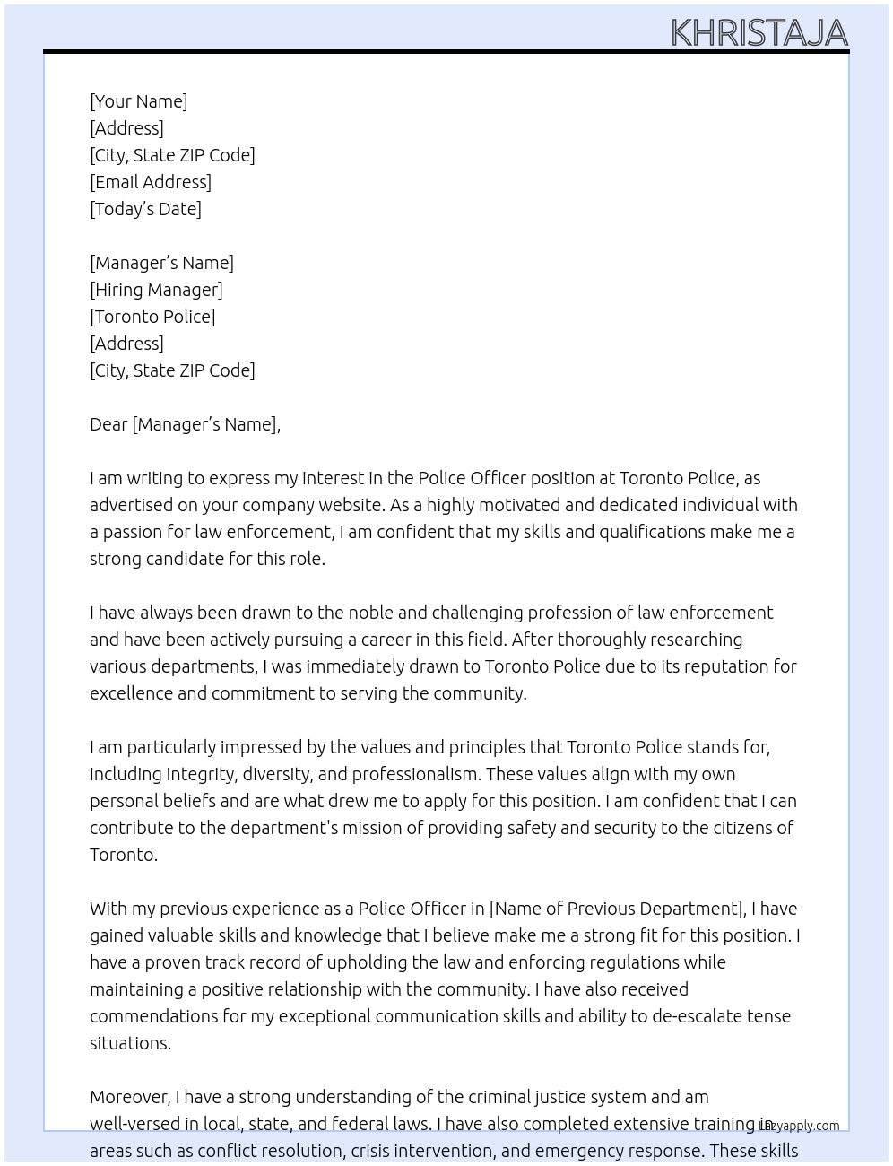 Police Officer At Toronto Police Cover Letter