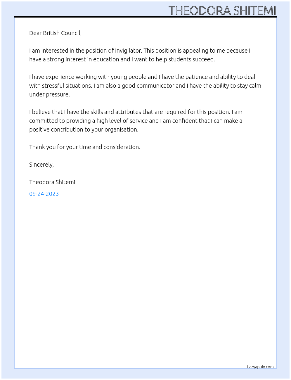 invigilator At British council Cover Letter