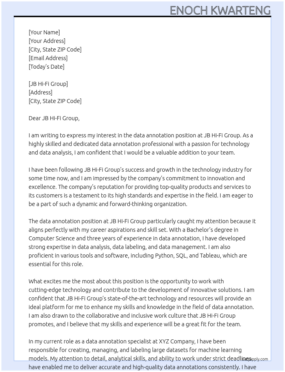 data annotation  At JB Hi-Fi Group Cover Letter
