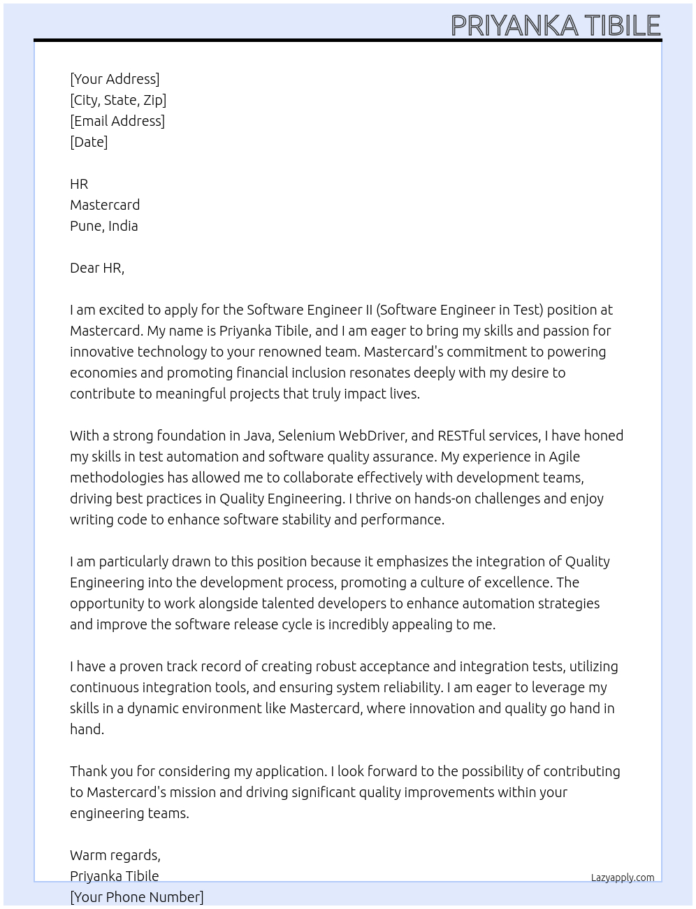 Software Engineer II (Software Engineer in Test ) At Mastercard Cover Letter