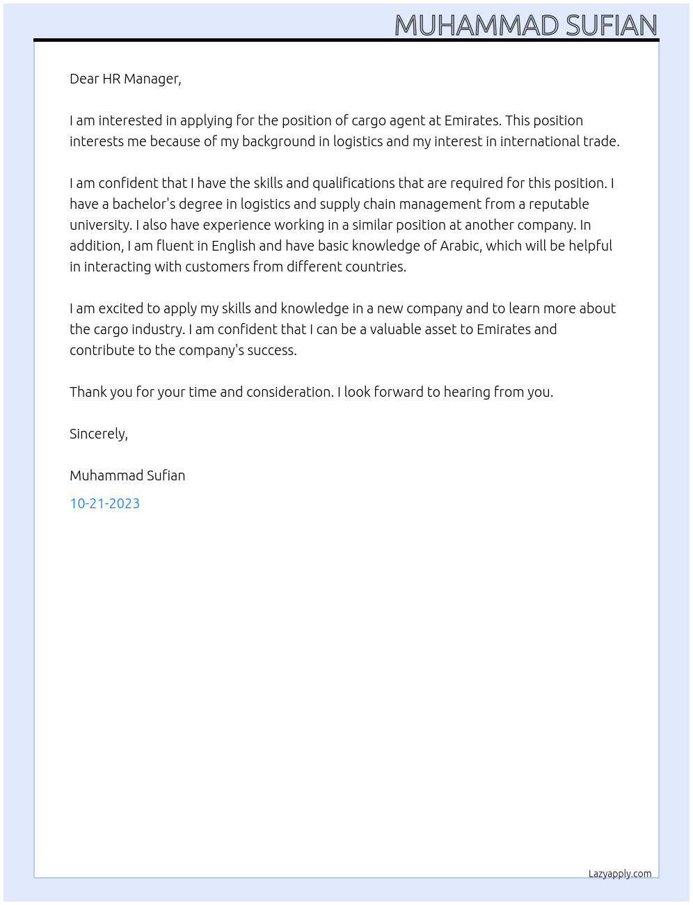 cargo agent At Emirates Cover Letter