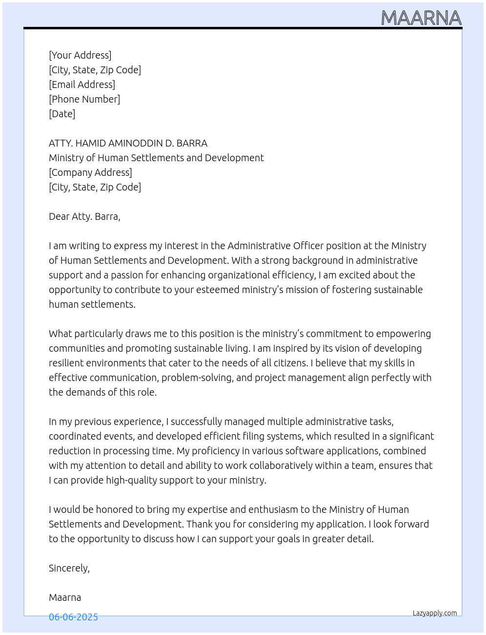 Administrative officer At Ministry of Human Settlements and Development Cover Letter