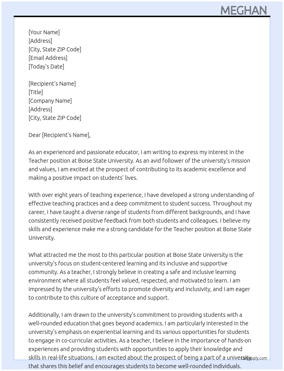 Teacher  At Boise State University  Cover Letter