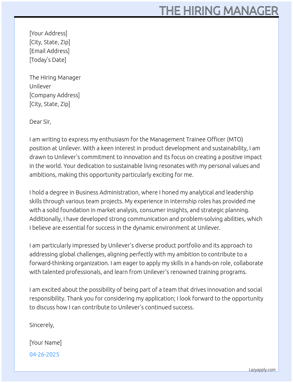 MTO At Unilever Cover Letter