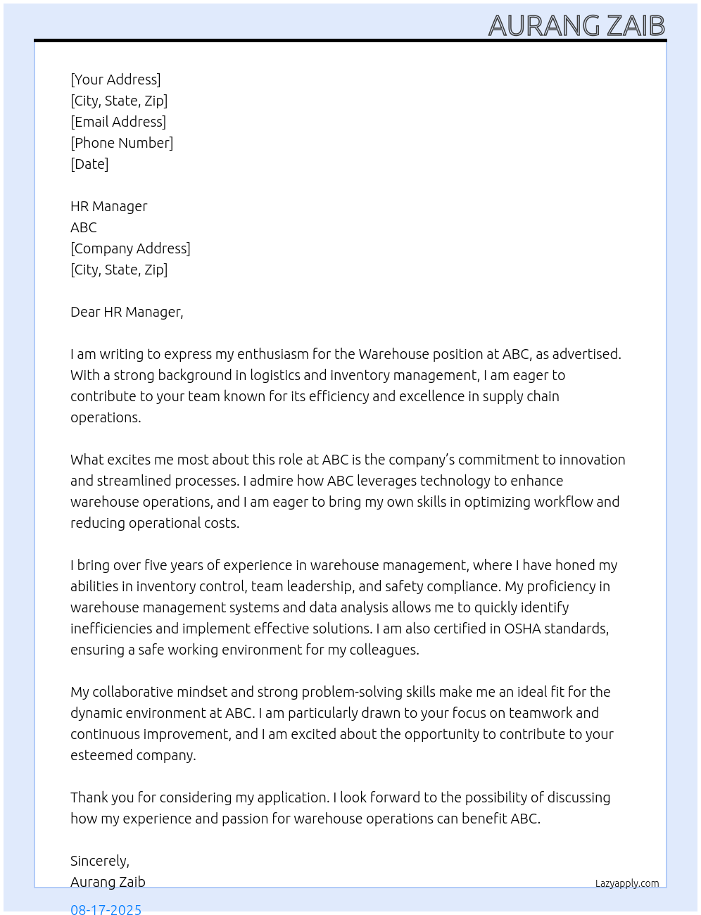 Warehouse At ABC Cover Letter