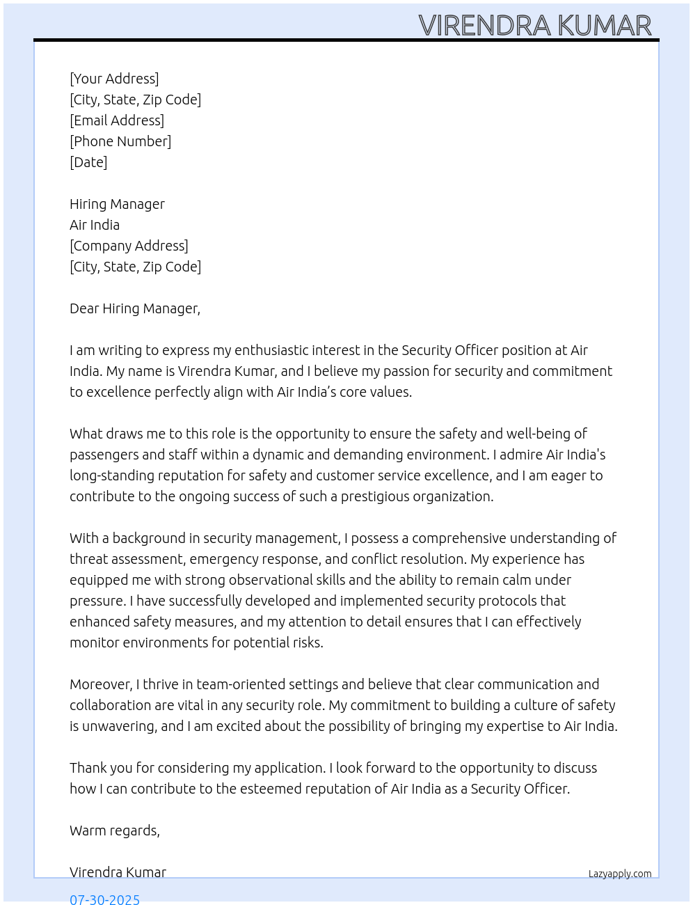 Security officer At AIr India Cover Letter