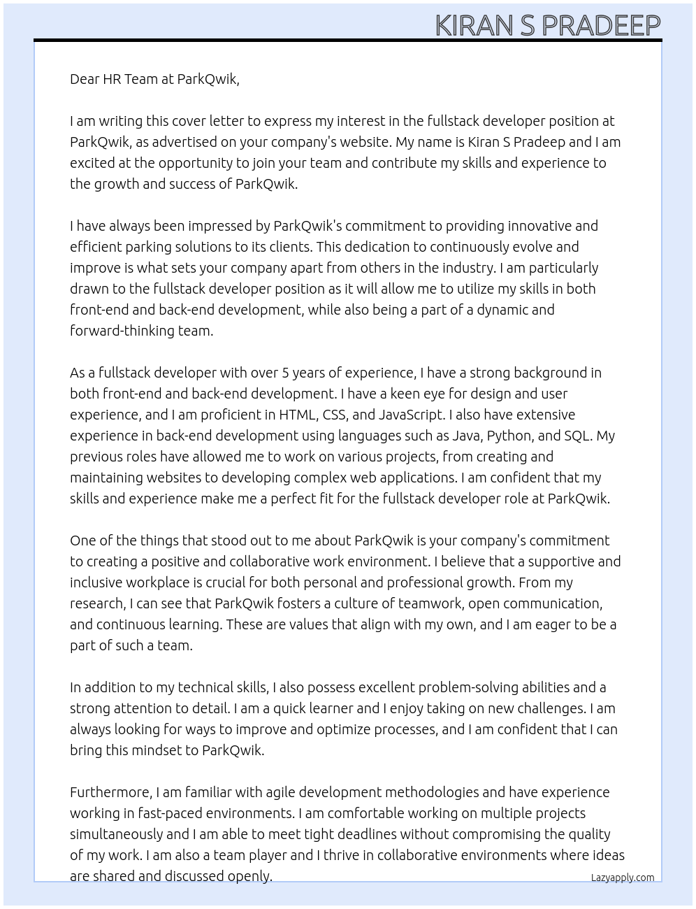 fullstack developer At ParkQwik Cover Letter
