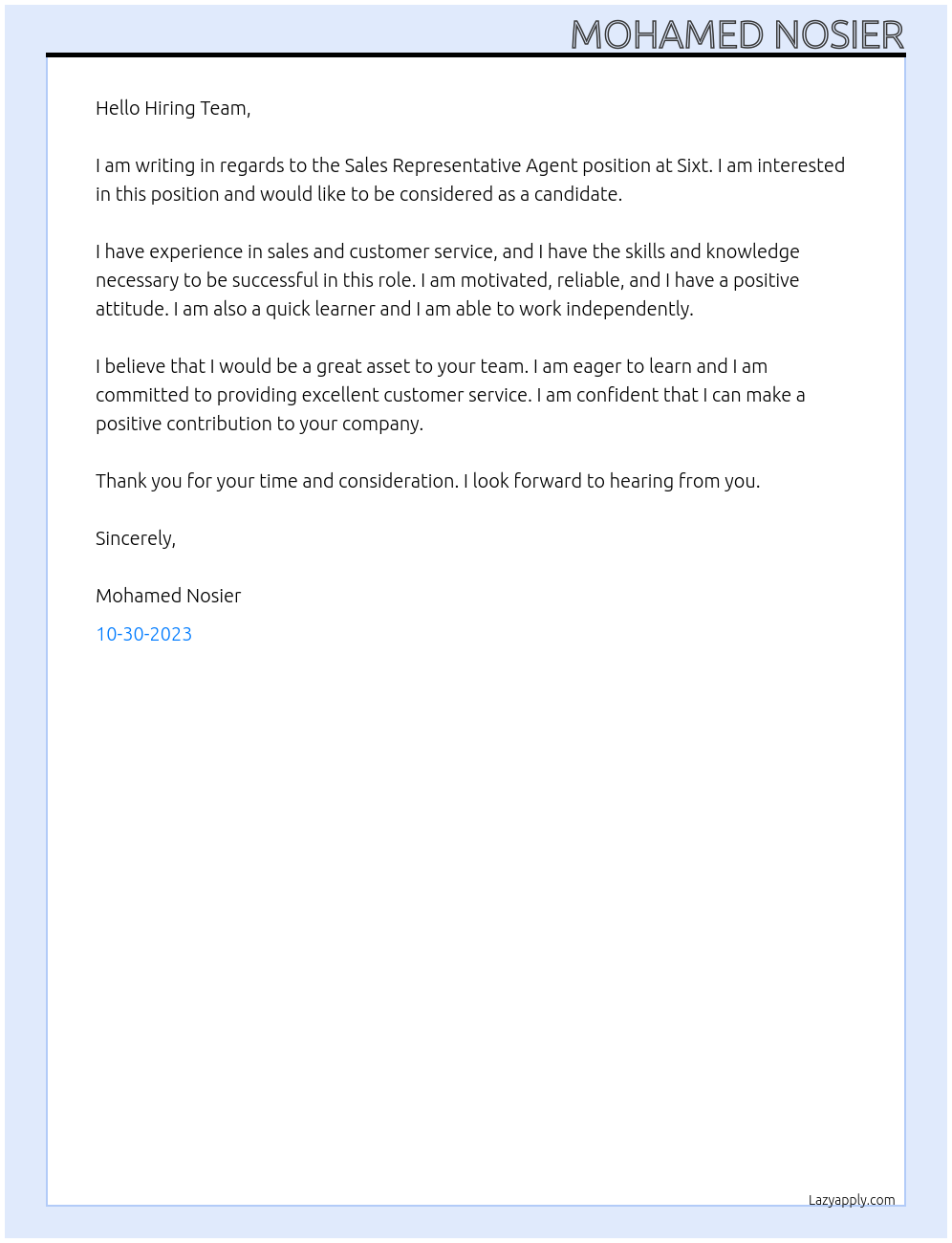 Sales representative agent  At Sixt Cover Letter