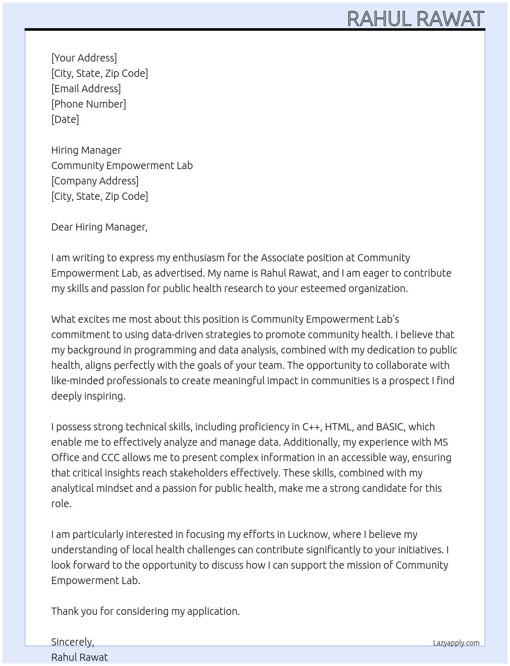 Associate  At Community Empowerment Lab Cover Letter