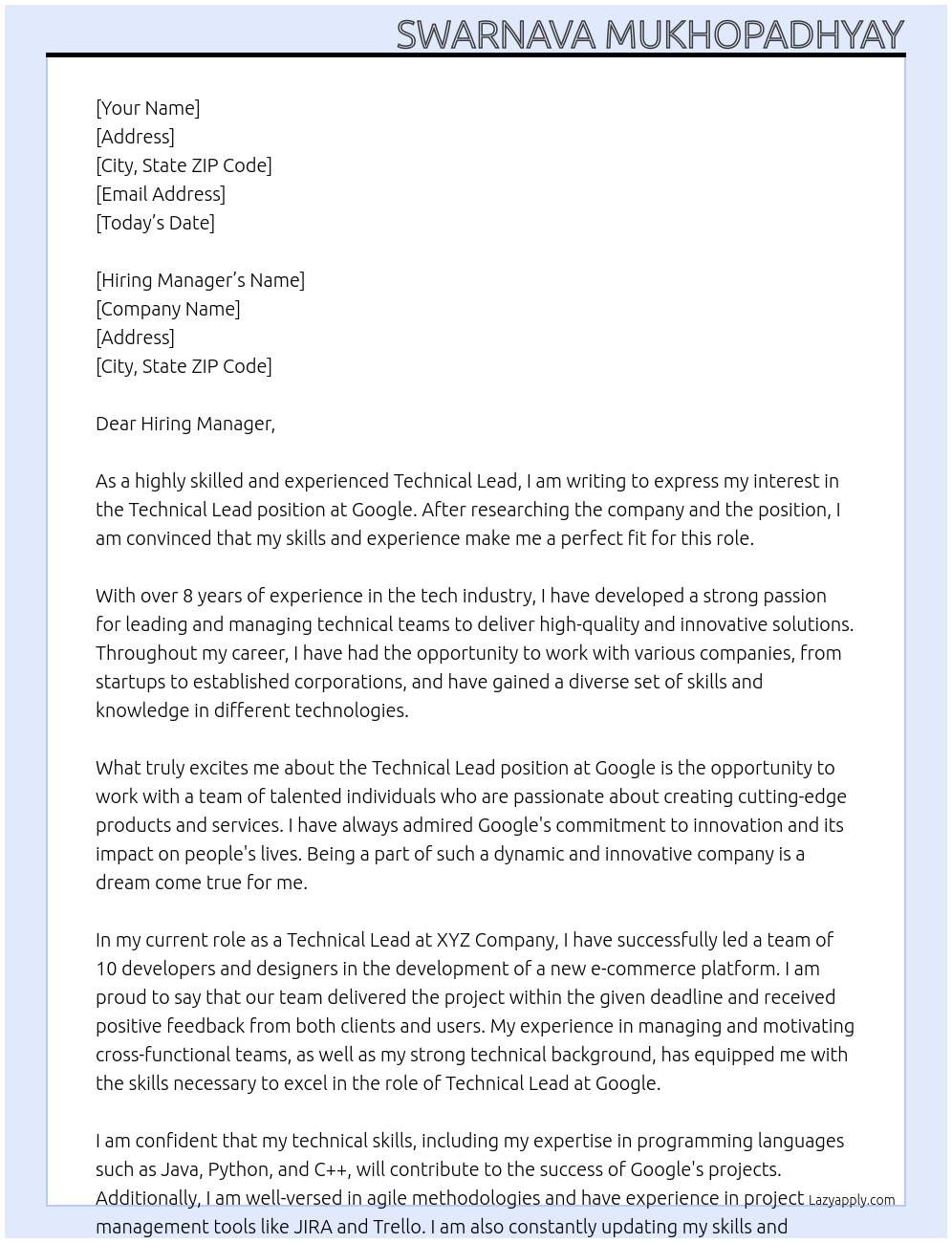 Technical Lead At Google Cover Letter