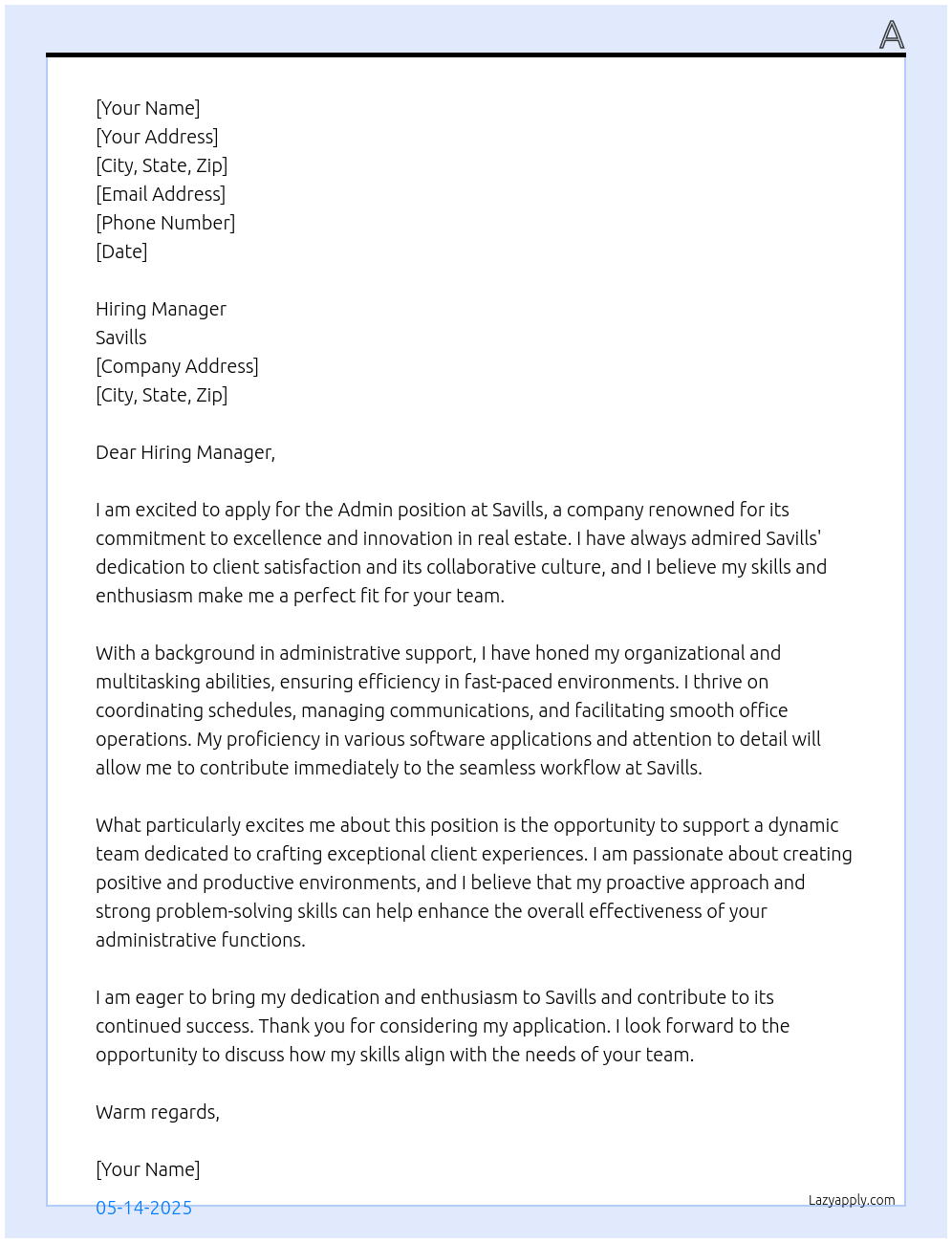 admin At savills Cover Letter