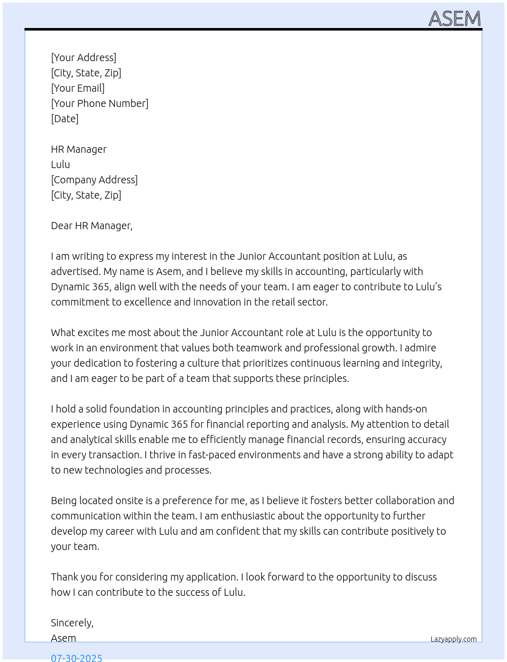 junior accountant At Lulu Cover Letter