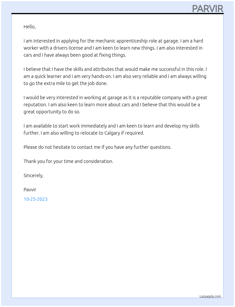 mechanic At garage Cover Letter