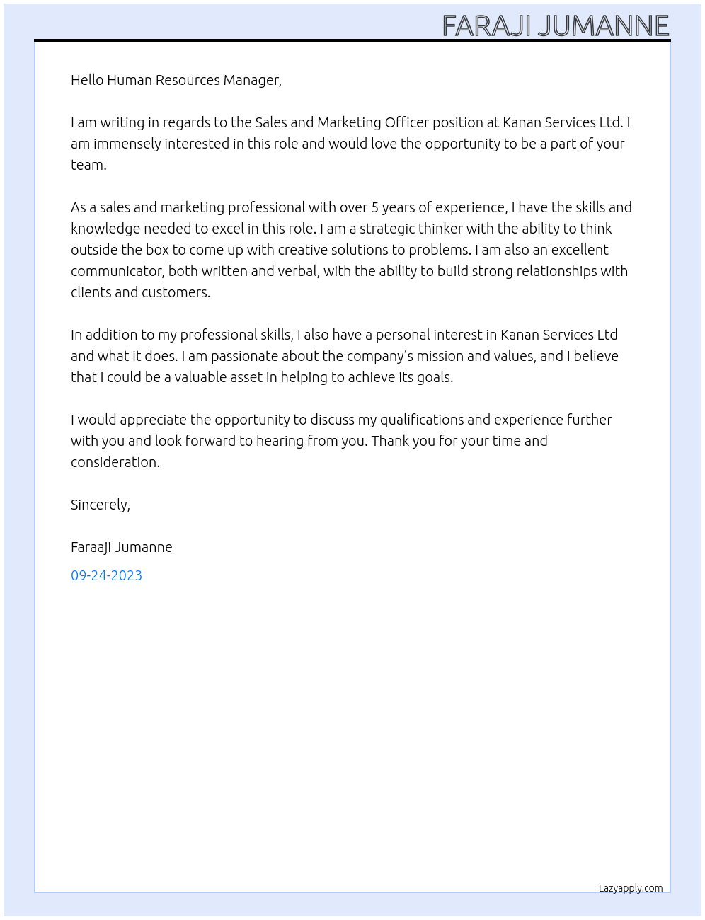 Sales and marketing officer At KANAN SERVICES LTD Cover Letter