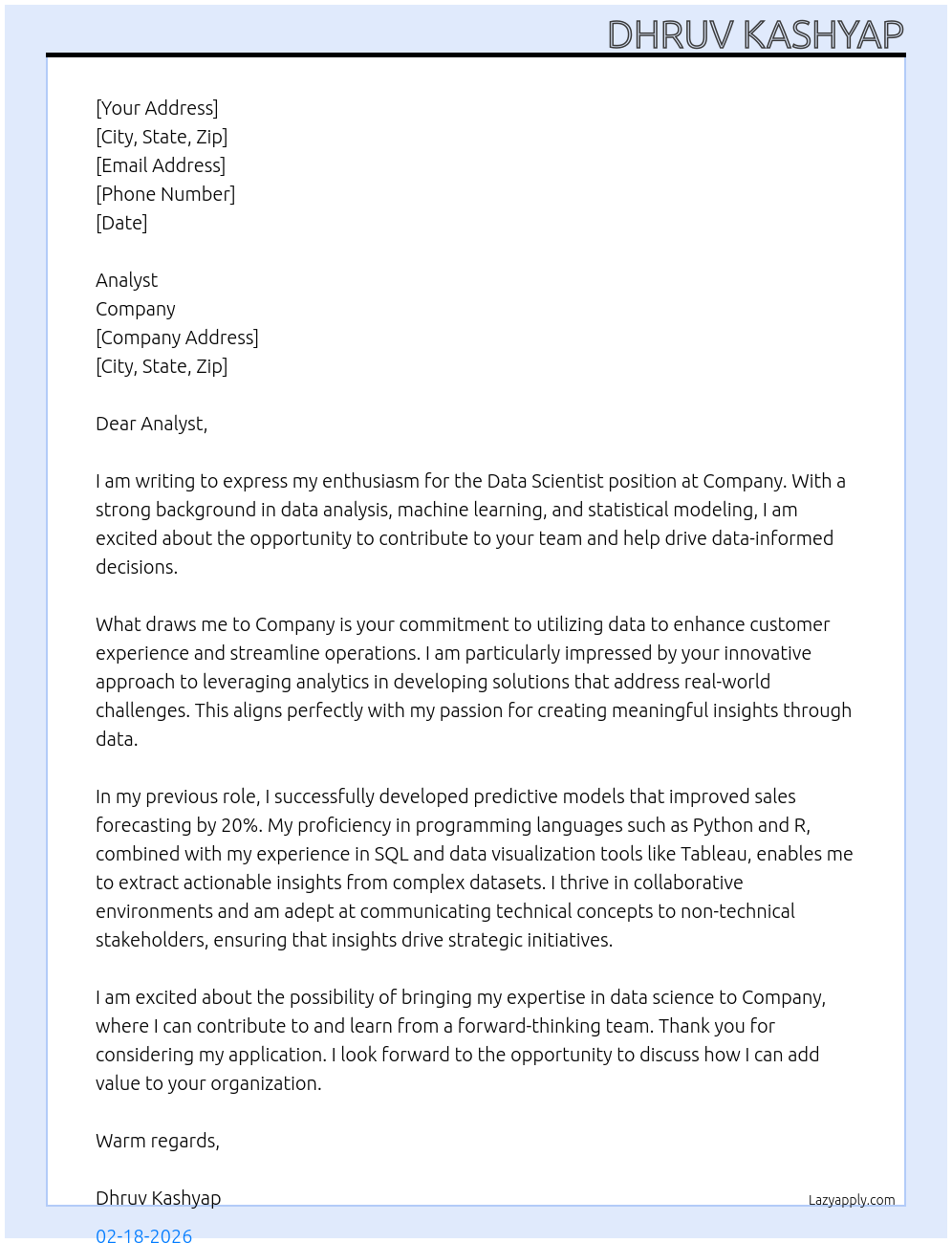 Data Scientist At Company Cover Letter