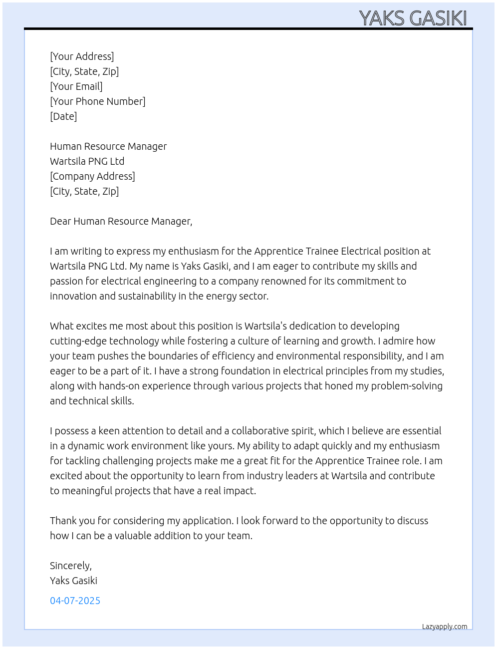 Apprentice Trainee Electrical At Wartsila PNG Ltd Cover Letter