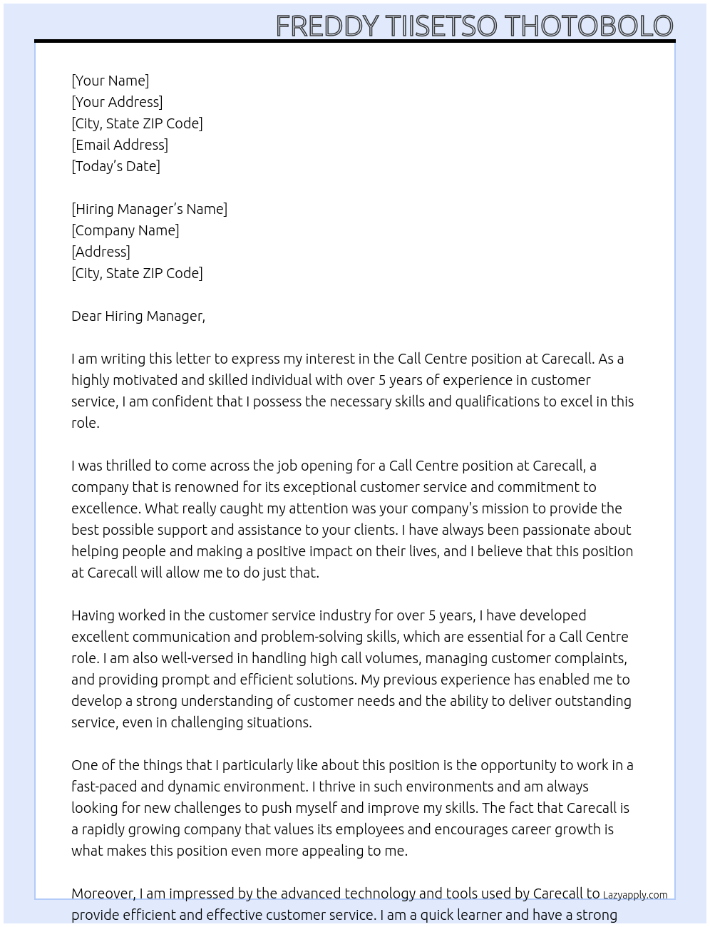 Call centre At Carecall Cover Letter