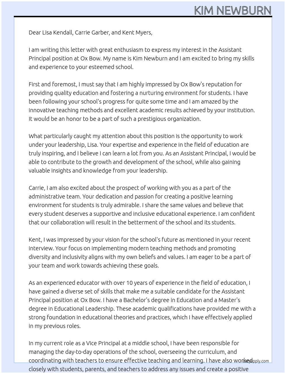 Assistant principal At Ox bow Cover Letter