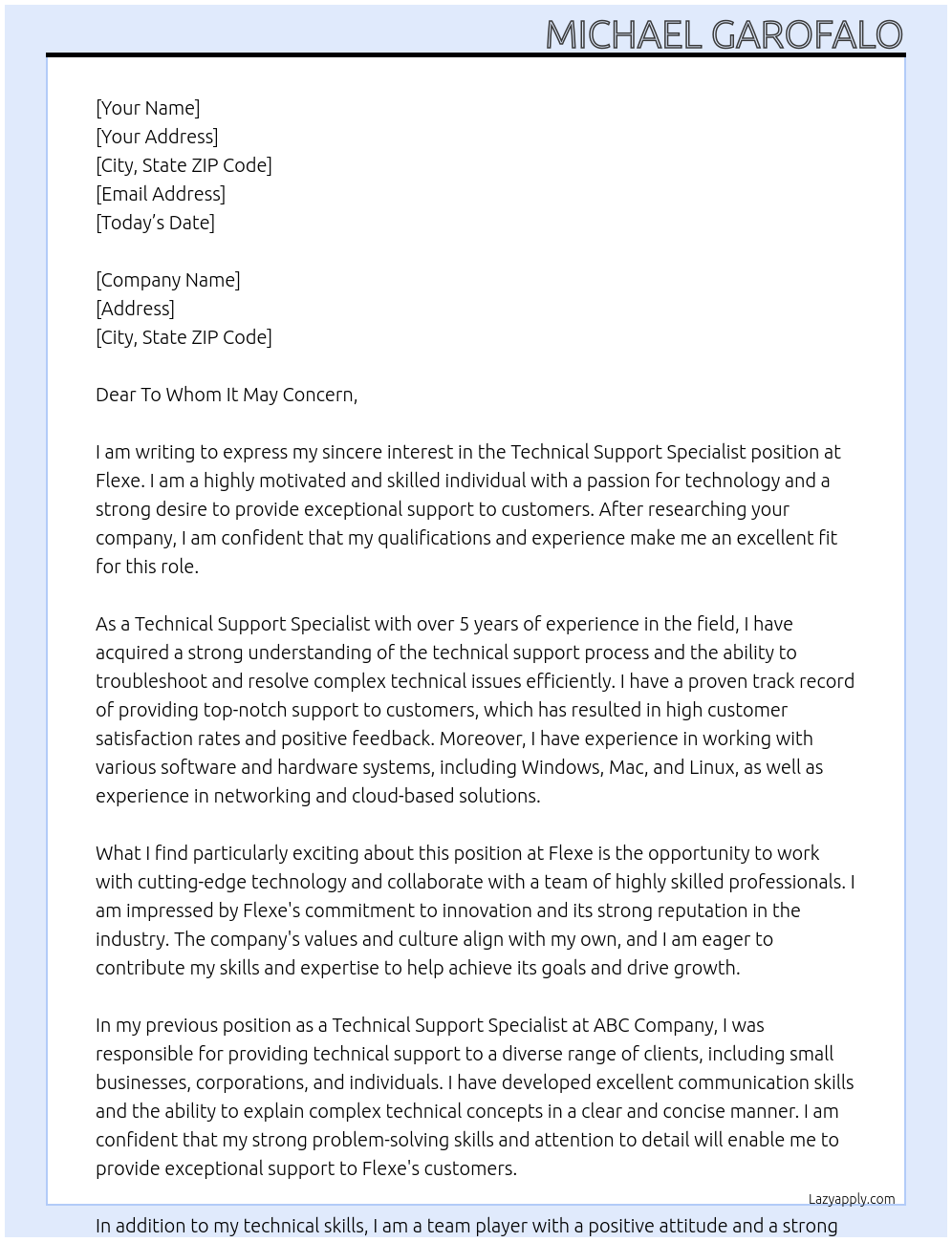 Technical Support Specialist At Flexe Cover Letter