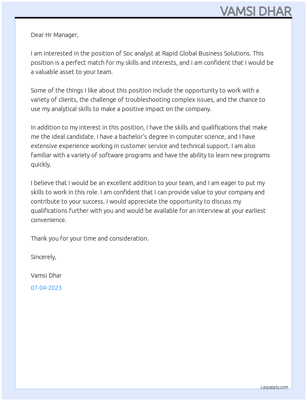 Soc analyst At Rapid Global Business Solutions Cover Letter