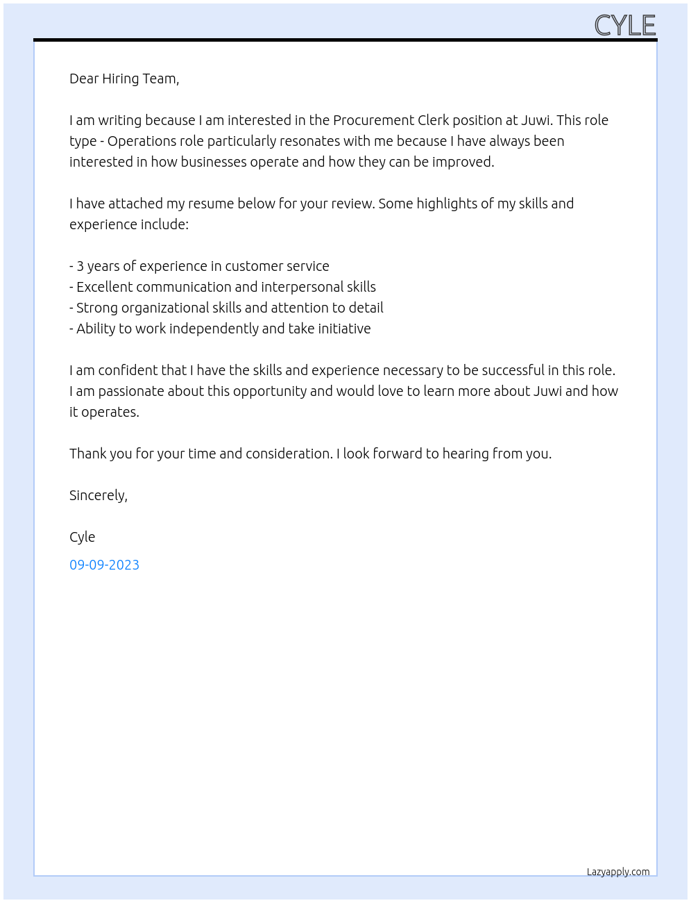 Procurement Clerk At Juwi Cover Letter