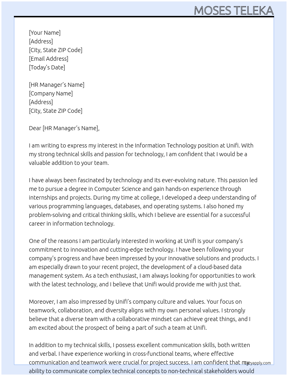 information technology At unifi Cover Letter
