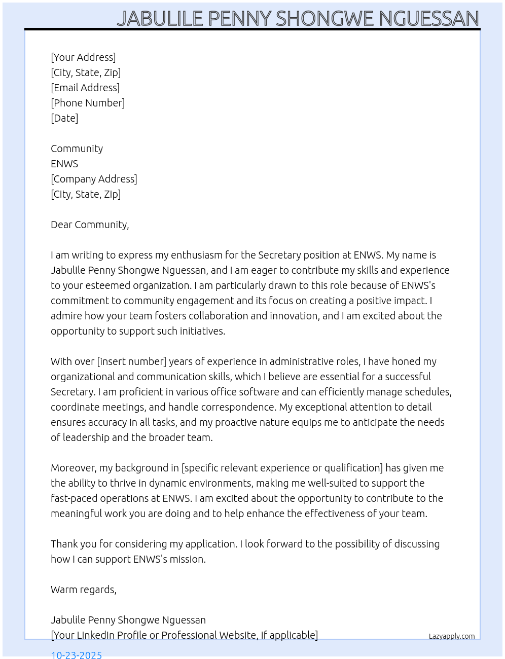 Secretary At ENWS Cover Letter