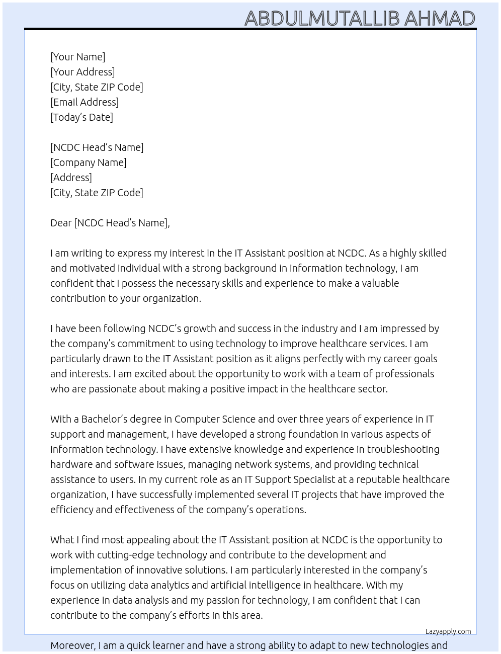 IT assistant At NCDC Cover Letter