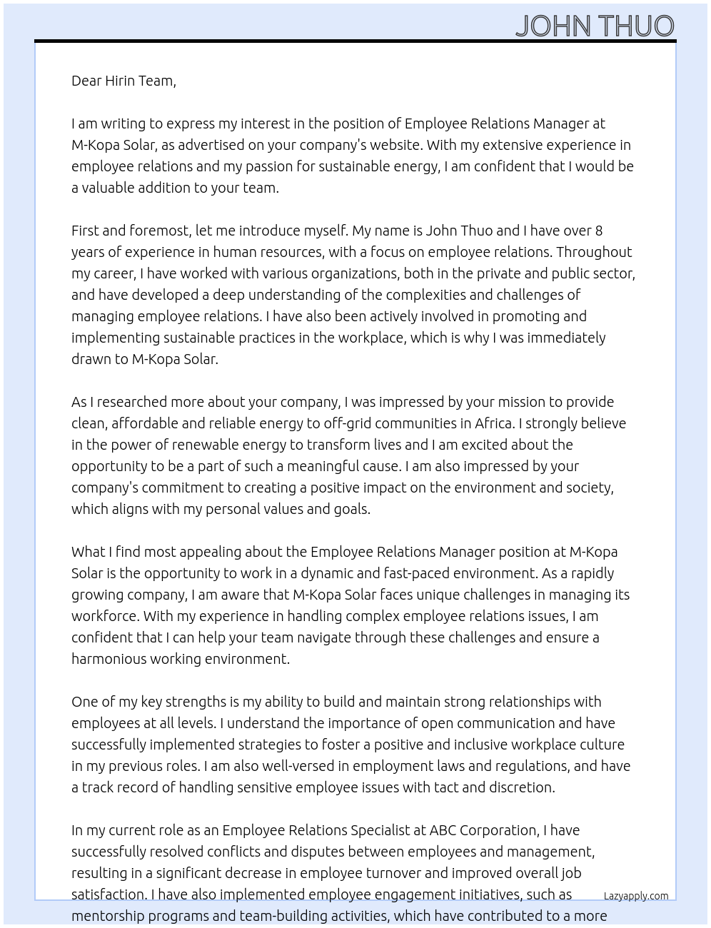 employee relations manager At M-Kopa Solar Cover Letter