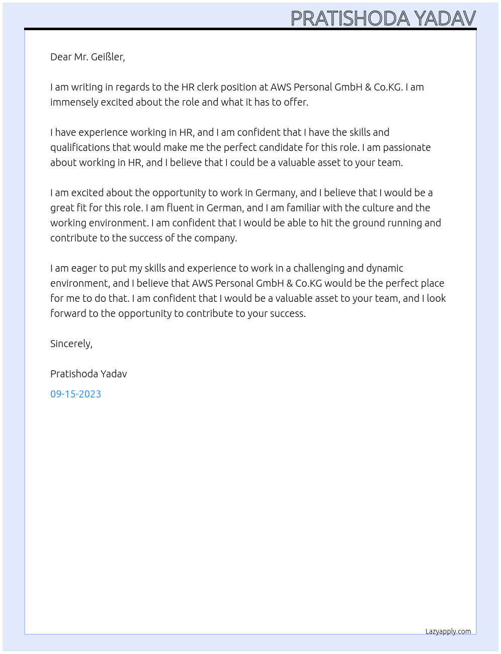 HR clerk  At AWS Personal GmbH & Co.KG Cover Letter