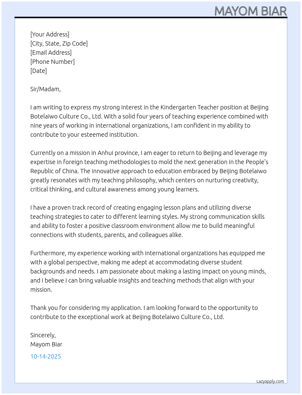 Cover letter for kindergarten teacher - LazyApply