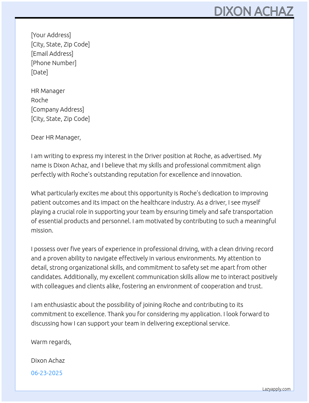 driver At roche Cover Letter