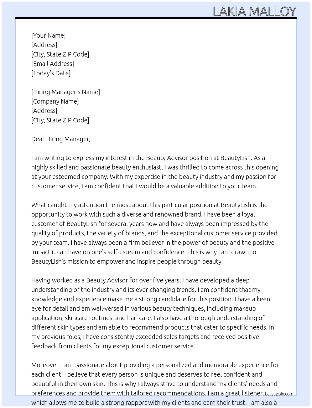 Beauty advisor At BeautyLish Cover Letter