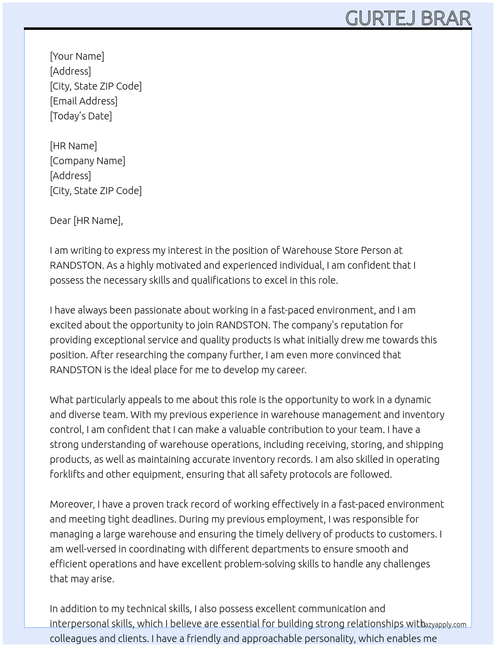  warehouse store person  At RANDSTON  Cover Letter
