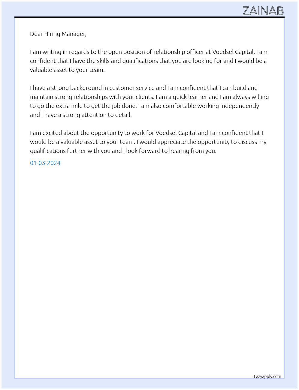 relationship officer At voedsel capital Cover Letter