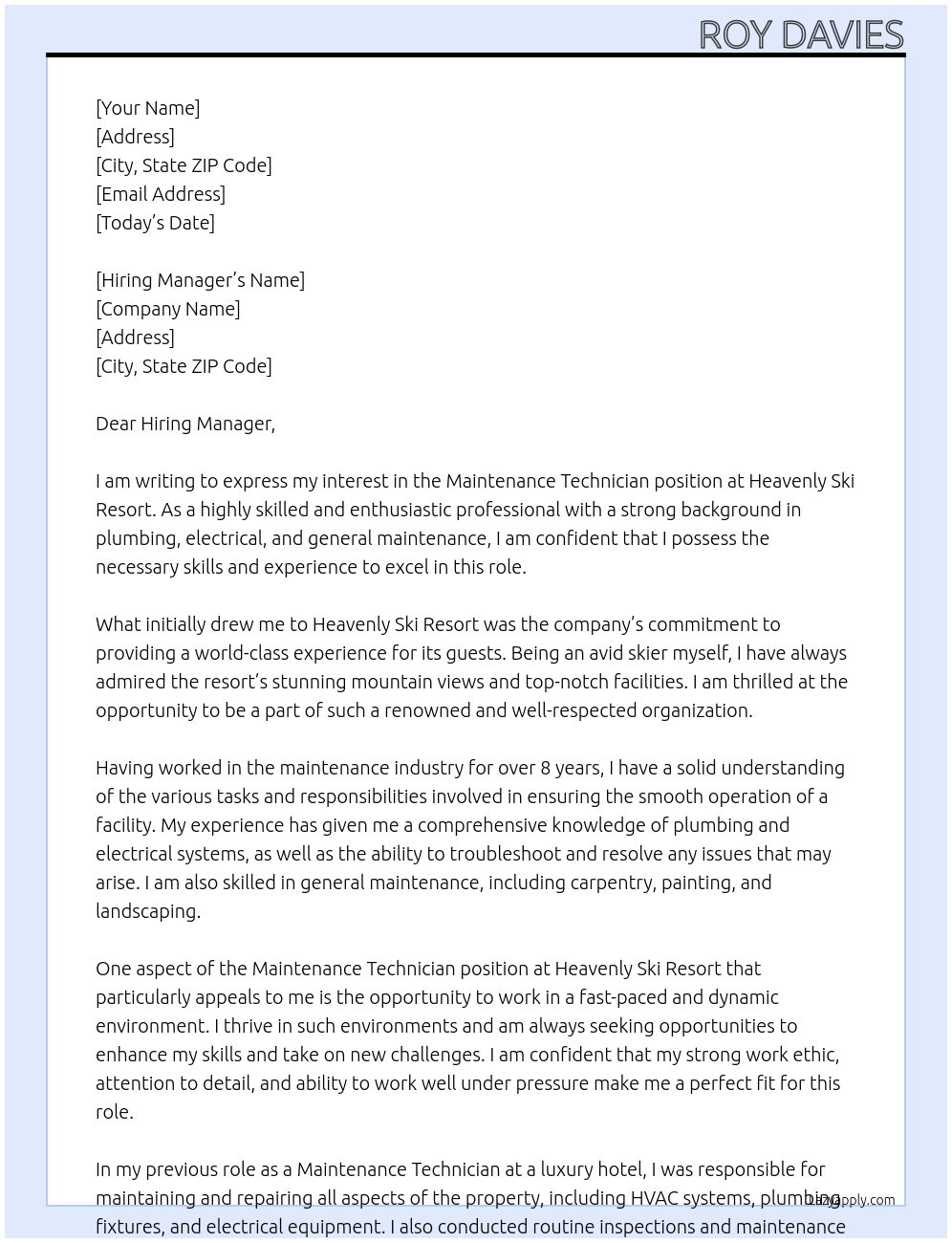 Maintenance Technician At Heavenly Ski Resort Cover Letter