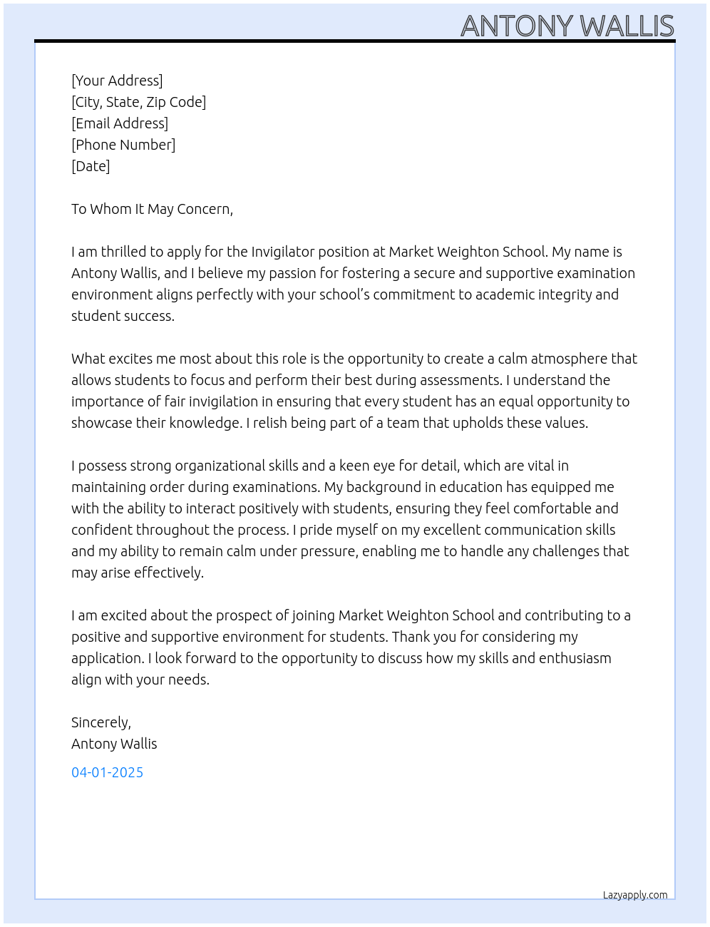 Invigilator At Market Weighton School Cover Letter