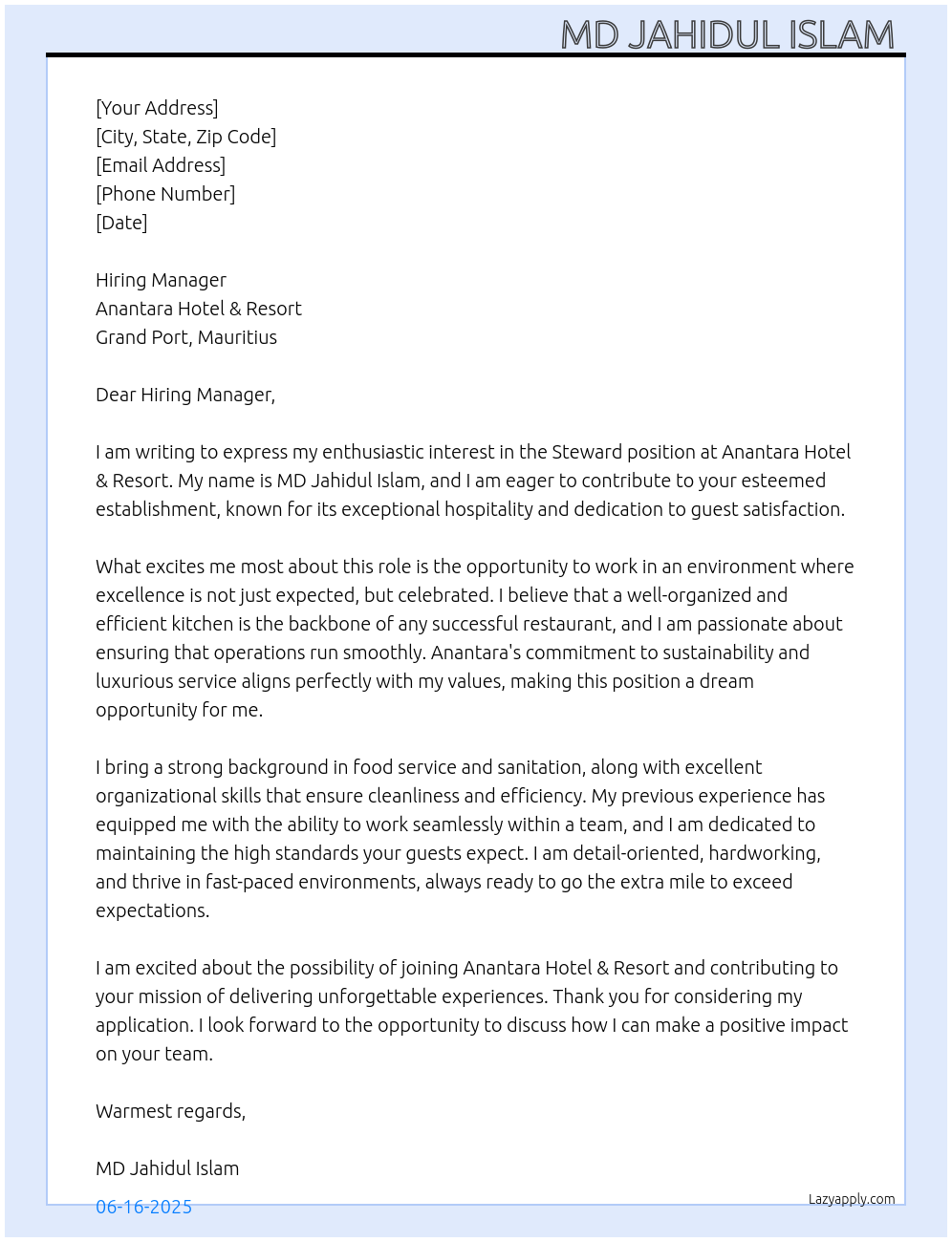 Steward At Anantara Hotel & Resort Cover Letter